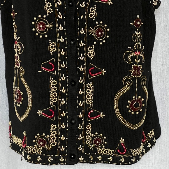 Claudia D Vest Ugly Christmas Sweater Heavily Embellished Gold Beading Black 90s - Picture 4 of 7